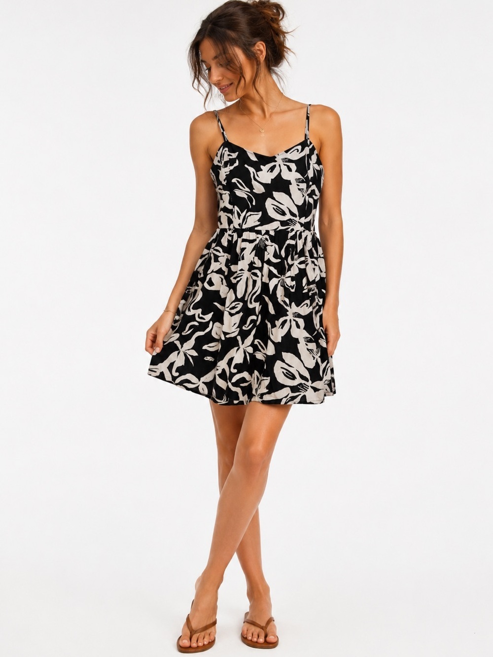 H & M Black &  Ivory Floral Spaghetti-Strap Dress Size Medium